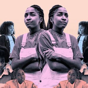 A photo illustration that shos Ayo Edebiri in Bottoms, The Bear, Theater Camp, and Abbot Elementary