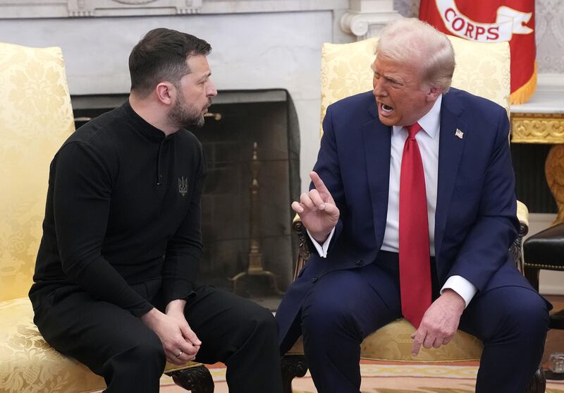 U.S. President Donald Trump and Ukrainian President Volodymyr Zelensky meet in the Oval Office.