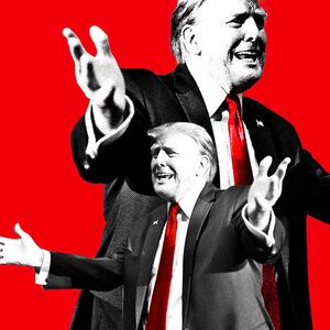 A photo illustration of Donald Trump with his arms stretched out.