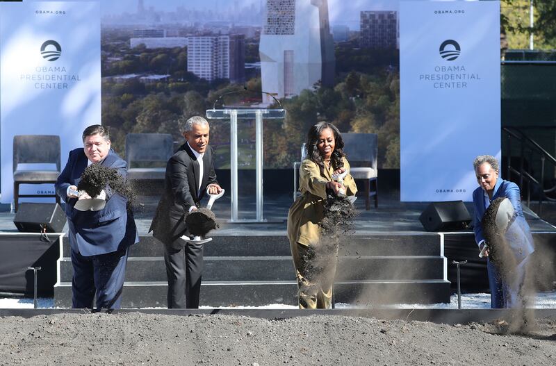 Officially breaking ground for the Obama Presidential Center are, from left, Illinois Gov. J.B. Pritzker, former President Barack Obama, former first lady Michelle Obama and Chicago Mayor Lori Lightfoot in Chicago&apos;s Jackson Park on Sept. 28, 2021. (Terrence Antonio James/Chicago Tribune/Tribune News Service via Getty Images)