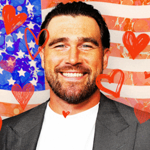 Travis Kelce in front of a waving American flag and hearts