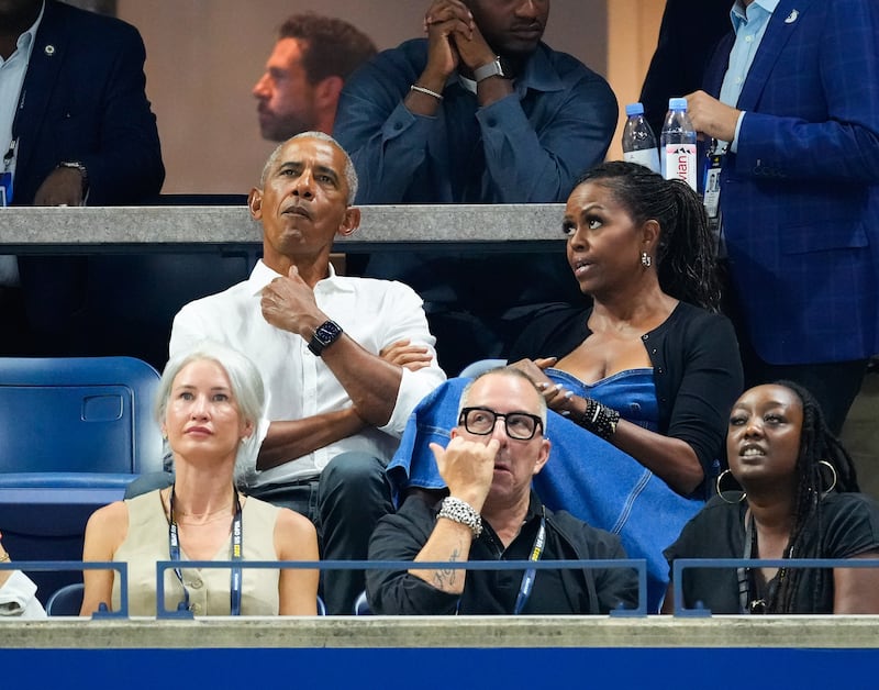 Former U.S. President Barack Obama and Former First Lady Michelle Obama are seen at the opening day 2023 US Open Tennis Tournament on August 28, 2023 in New York City.