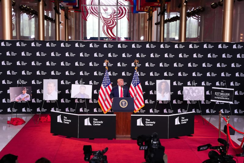 President Donald Trump surrounded by images of the Kennedy Center Honorees as he announces them at the Kennedy Center on August 13, 2025 in Washington, DC.