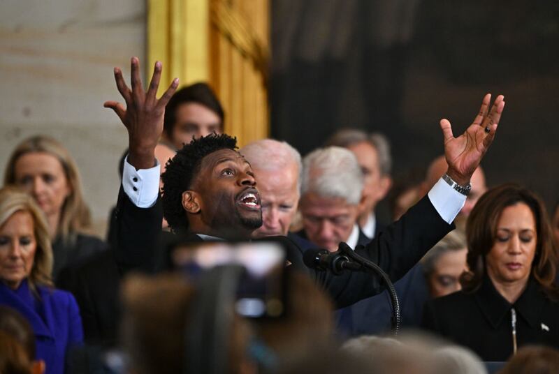 Rev. Lorenzo Sewell of 180 Church in Detroit speaks during President Donald Trump’s inauguration ceremony.