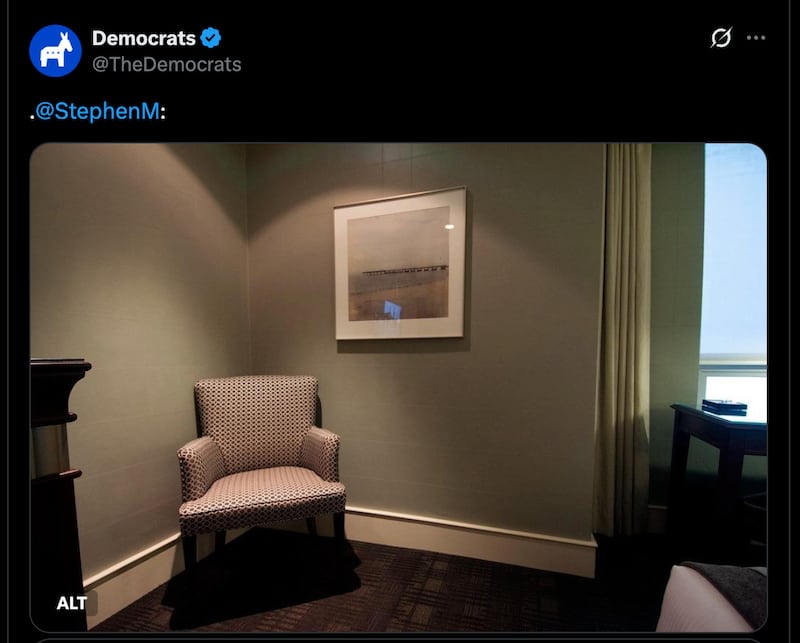 A tweet from @TheDemocrats account addressed to Stephen Miller, referencing the much-rumored relationship between Miller, his wife and Elon Musk.
