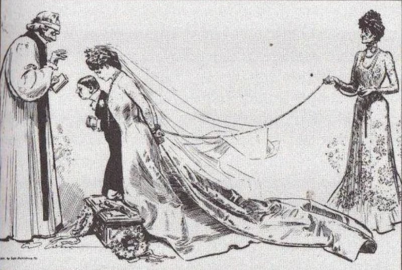 A satirical cartoon published by Life Magazine in 1895, which depicts Consuelo Vanderbilt being led to the altar by her mother in chains.