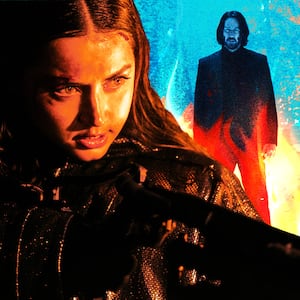 A photo illustration of Ana de Armas and Keanu Reeves as John Wick.