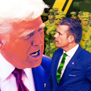 A photo illustration of President Donald Trump and Defense Secretary Pete Hegseth in front of military service members during the U.S. Army 250th birthday parade.