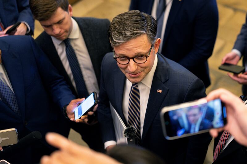 WASHINGTON, DC - APRIL 28:  Speaker of the House Mike Johnson (R-LA) speaks to press at the U.S. Capitol after visiting U.S. President Donald Trump at the White House on April 28, 2025 in Washington, DC. Congress returned on Monday to Capitol Hill after a two-week recess. (Photo by Kayla Bartkowski/Getty Images)