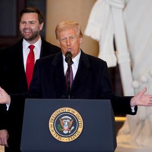 President Donald Trump speaks in Emancipation Hall after being sworn in at his inauguration as US First Lady Melania Trump, Vice President JD Vance, and US House Speaker Mike Johnson, a Republican from Louisiana, look on in the U.S. Capitol Rotunda.