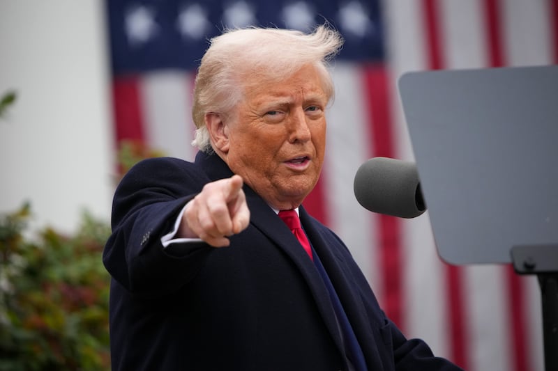 President Donald Trump gestures while speaking during a “Make America Wealthy Again” trade announcement event in the Rose Garden at the White House