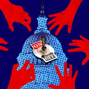 A photo illustration of red hands reaching for an off switch on Congress.