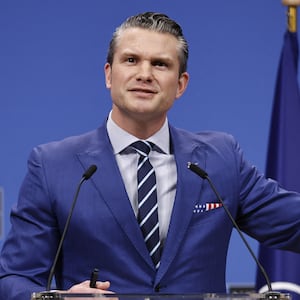 Secretary of Defense Pete Hegseth gives a press conference following the meeting of The North Atlantic Treaty Organisation (NATO) Ministers of Defence at NATO Headquarters in Brussels, on February 13, 2025.