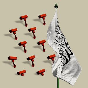 Photo illustration of the flag of the Taliban with surveillance cameras.