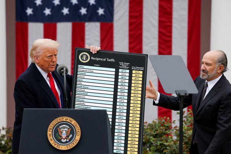 Trump holds a chart next to Lutnick as he delivers remarks during "Liberation Day."