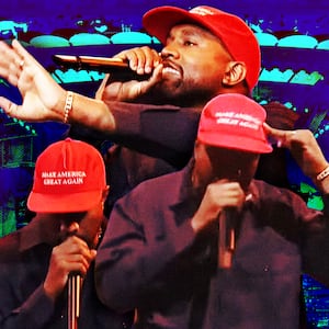 A photo illustration of Kanye West performing on SNL in 2018.