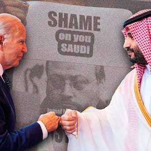 An illustration of Joe Biden and Mohammad bin Salman fist-bumping.