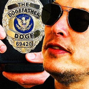 Photo collage of Elon Musk holding his new fake DOGE badge calling himself "dogefather"