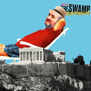 Ted Cruz lounging in a beach chair wearing a sun hat behind the Acropolis in Athens, Greece