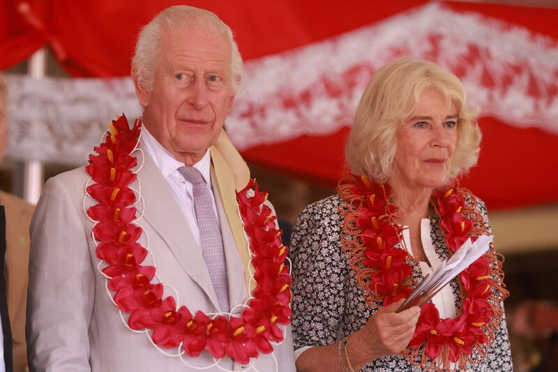 King Charles III and Queen Camilla attend a farewell ceremony on the final day of the royal visit to Australia and Samoa at the Siumu Village on October 26, 2024 in Apia, Samoa. The King's visit to Australia is his first as monarch, and the Commonwealth Heads of Government Meeting (CHOGM) in Samoa will be his first as head of the Commonwealth.
