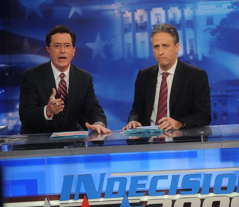 Stephen Colbert and Jon Stewart host Comedy Central's "Indecision 2008: America's Choice" at Comedy Central Studios on November 4, 2008 in New York City. (Photo by Brad Barket/Getty Images for Comedy Central)