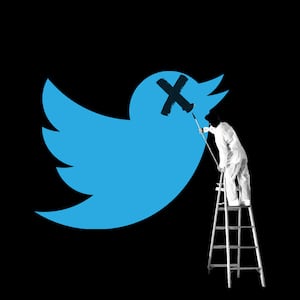 Photo illustration of the former Twitter bird logo with a painter adding a black X over the eye
