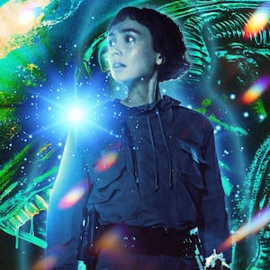 A photo illustration of Sydney Chandler as Wendy on Alien: Earth.