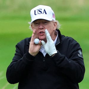 U.S. President Donald Trump shouts as he golfs at Trump Turnberry resort in Turnberry, Scotland, Britain, July 27, 2025. REUTERS/Phil Noble      TPX IMAGES OF THE DAY