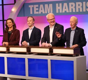 SATURDAY NIGHT LIVE -- Episode 1867 -- Pictured: (l-r) Maya Rudolph as Kamala Harris, Andy Samberg as Doug Emhoff, Jim Gaffigan as Tim Walz, and Dana Carvey as Joe Biden during the "Family Feud-Election 2024" Cold Open on Saturday, October 12, 2024 -- (Photo by: Will Heath/NBC via Getty Images)