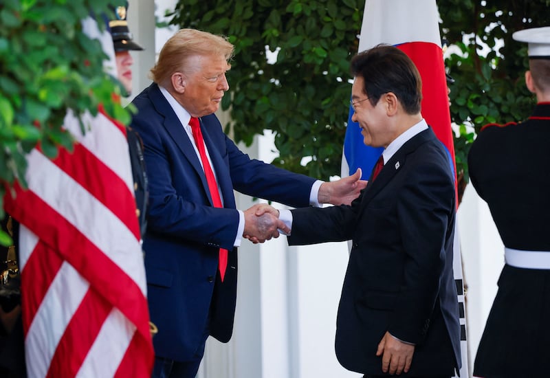 President Donald Trump's massive bruise on his hand was front and center as he welcomed South Korean President Lee Jae Myung at the White House on August 25, 2025.