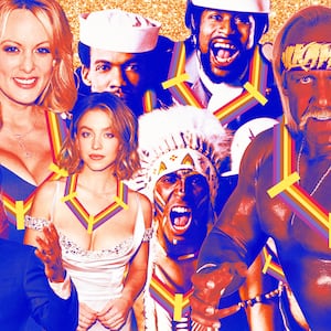 A photo illustration of Stormy Daniels, RFK jr., The Village People, Hulk Hogan, and Lee Greenwood.