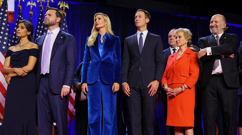Linda McMahon and Howard Lutnick appear on stage with JD Vance and his wife, Usha, Ivanka Trump and her husband, Jared Kushner, and Bryson Dechambeau as Donald Trump speaks at his election night rally in West Palm Beach.