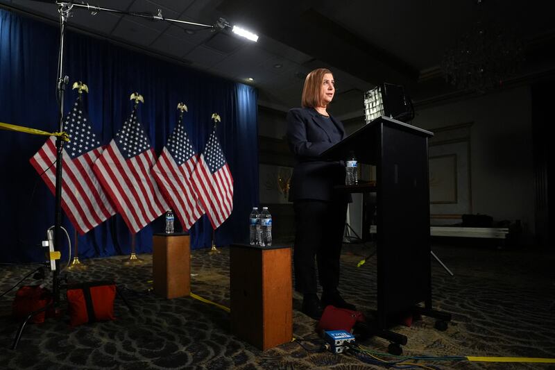 US Senator Elissa Slotkin (D-MI), rehearses the Democratic response to President Donald Trump's address to a joint session of congress on March 4, 2025, in Wyandotte, Michighan.
