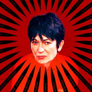 A photo illustration of Ghislaine Maxwell in a prison jumpsuit surrounded by sharp points.