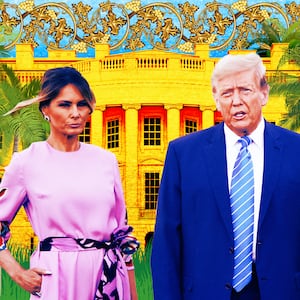 A photo illustration of Melania Trump and President Donald Trump in front of a golden White House with palm trees.