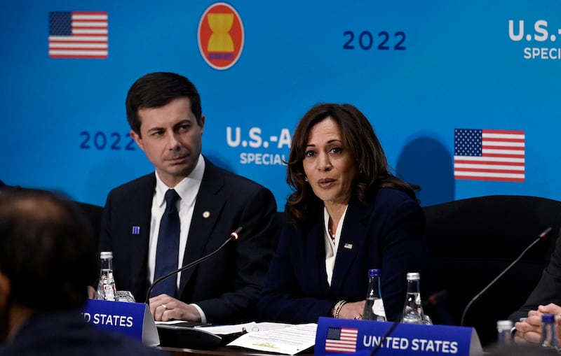 Pete Buttigieg and Kamala Harris, photographed together in 2022, are the early favorites in the 2028 Democratic presidential primary.