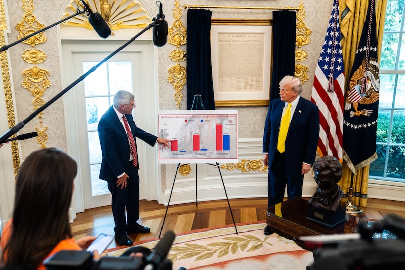 Gold flourishes now surrounds a framed edition of the Declaration of Independence in the Oval Office.