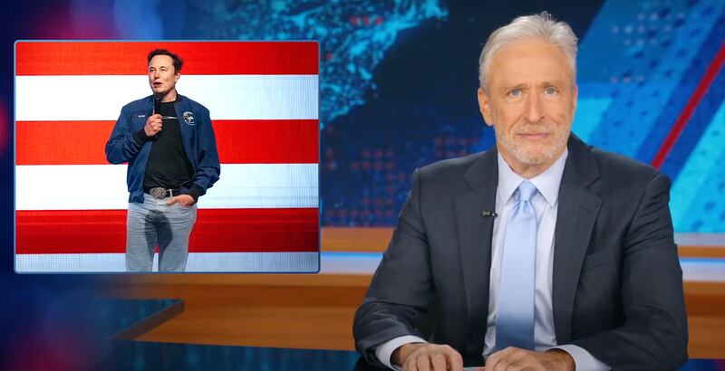 The Daily Show, Stewart showing a photoshopped picture of Musk peeing his pants.