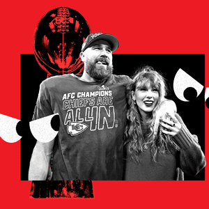 A photo illustration shows Travis Kelce and Taylor Swift embracing with the Super Bowl trophy behind them. Conspiratorial eyes move around them.