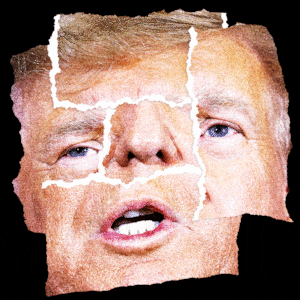 Donald Trump shifting through various faces on ripped paper