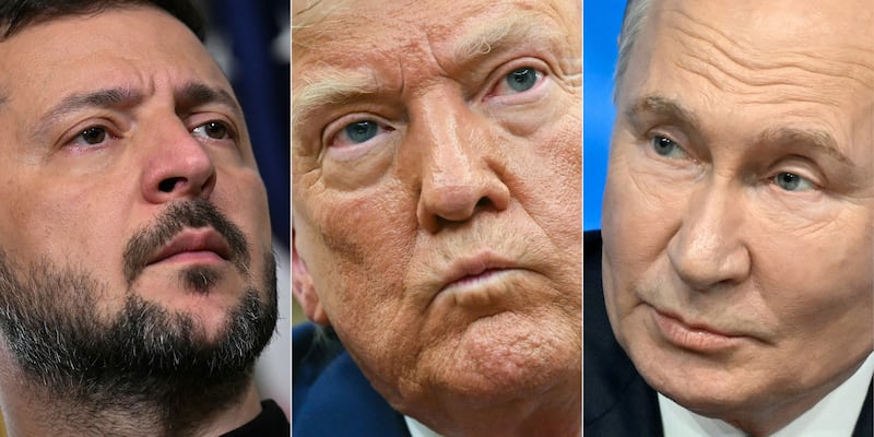(COMBO) This combination of pictures created on May 25, 2025 shows Ukraine's President Volodymyr Zelensky (L) on September 26, 2024 in Washington, DC, US President Donald Trump (C) in Washington, DC, on April 7, 2025 and Russia's President Vladimir Putin (R) in Kazan on October 24, 2024. (Photo by AFP) (Photo by DREW ANGERER,SAUL LOEB,ALEXANDER NEMENOV/AFP via Getty Images)