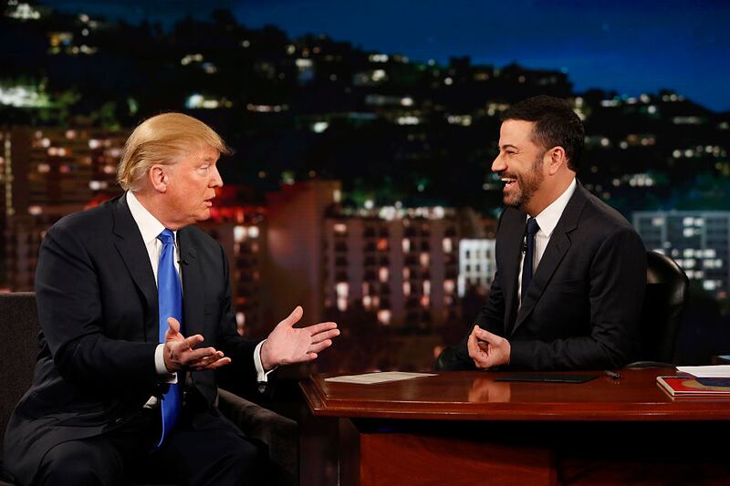 JIMMY KIMMEL LIVE - Emmy Award-nominated "Jimmy Kimmel Live" airs every weeknight (11:35 p.m. - 12:41 a.m., ET),  packed with hilarious comedy bits and features a diverse lineup of guests including celebrities, athletes, musicians, comedians and humorous human interest subjects. The guests for Wednesday, December 16 included Republican Presidential candidate Donald Trump and musical guest Gary Clark Jr. (Photo by Randy Holmes/Disney General Entertainment Content via Getty Images)
DONALD TRUMP, JIMMY KIMMEL