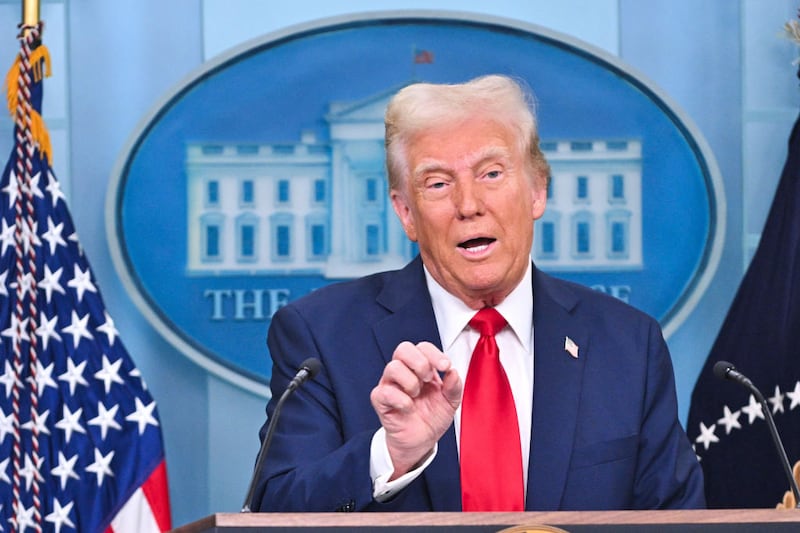 US President Donald Trump speaks about the mid-air crash between American Airlines flight 5342 and a military helicopter in Washington, in the Brady Press Briefing Room at the White House on January 30, 2025 in Washington, DC.