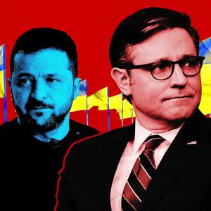 A photo illustration of President Volodymyr Zelenskyy of Ukraine and House Speaker Mike Johnson.