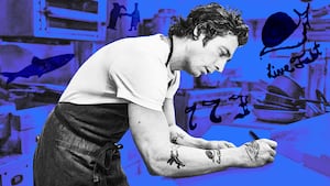 A photo illustration of Jeremy Allen White as Carmine in The Bear and his tattoos on the show.