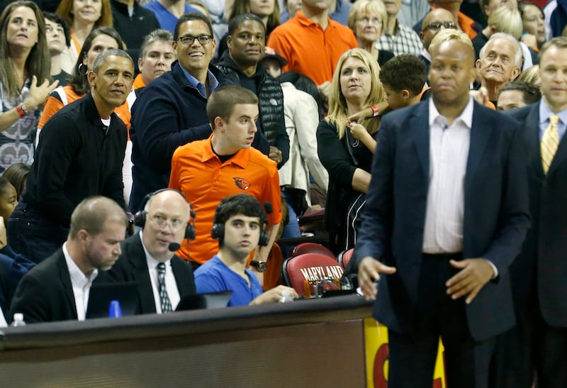 Michelle Obama's brother Craig Robinson (R) when he was the head coach of the Orgeon State Beavers, 2013.