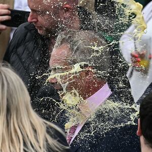 Nigel Farage is hit in the face with a milkshake while campaigning in Clacton. 
