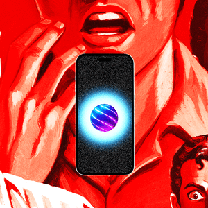 Numerous scared faces in black and red gawk at a cell phone glowing with an AI software blinking