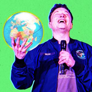 A photo illustration of Elon Musk holding the Earth.