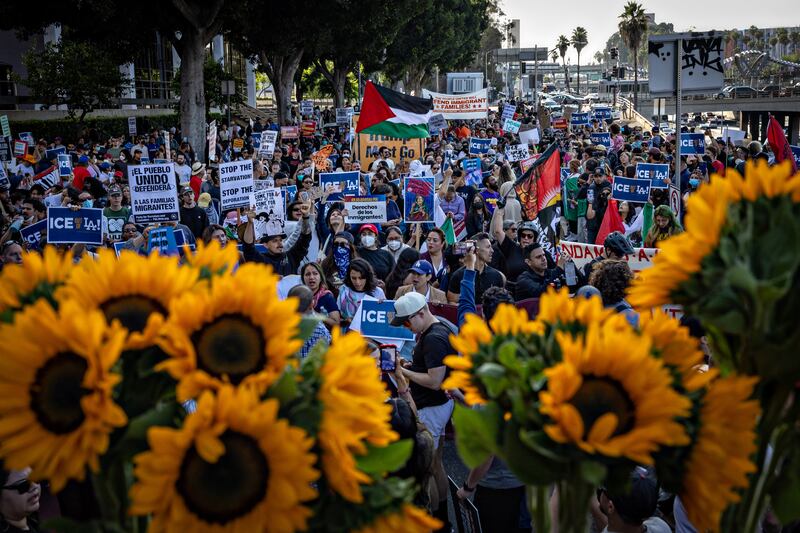 Demonstrators protest in response to ICE raids in Los Angeles on June 6, 2025.